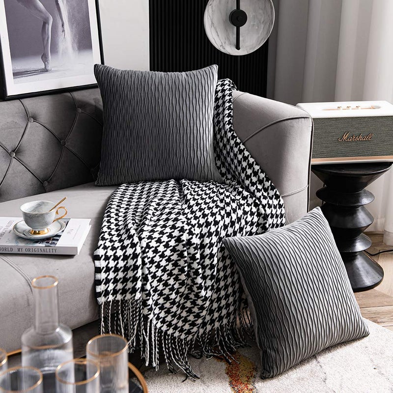 DEZENE Grey Striped Decorative Pillow Cases: 2 Pack 20x20 Inch Original Velvet Square Throw Pillow Covers for Farmhouse Couch - Image 3